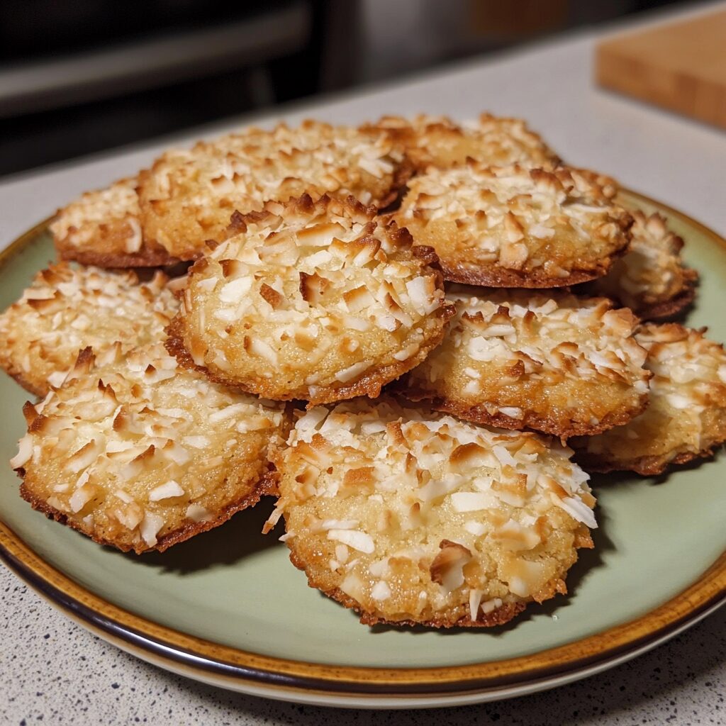 Chewy Coconut Cookies served on a plate in natural light