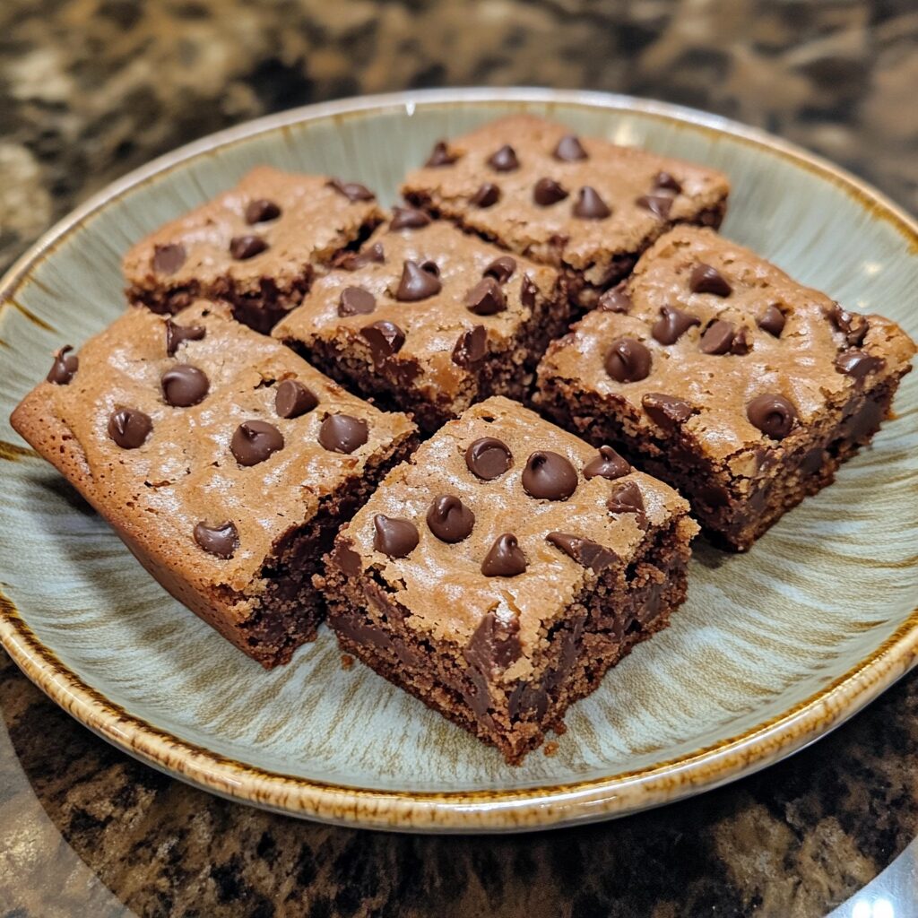Chocolate Chip Blondies served on a plate in natural light