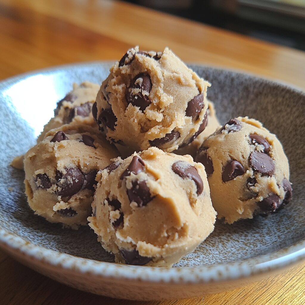 Chocolate Chip Cookie Dough Truffles served on a plate in natural light