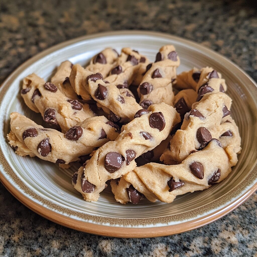 Chocolate Chip Cookie Dough Twists ChocolateCoveredAmy served on a plate in natural light