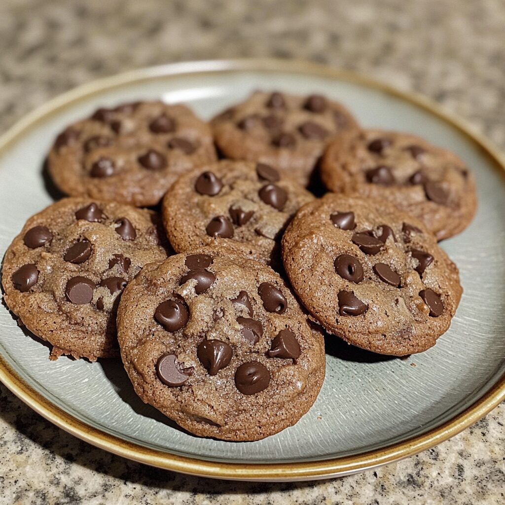 Chocolate Lover's Double Chocolate Chip Cookies served on a plate in natural light