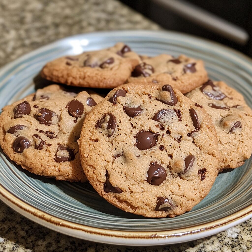 Chocolate chip cookies served on a plate in natural light