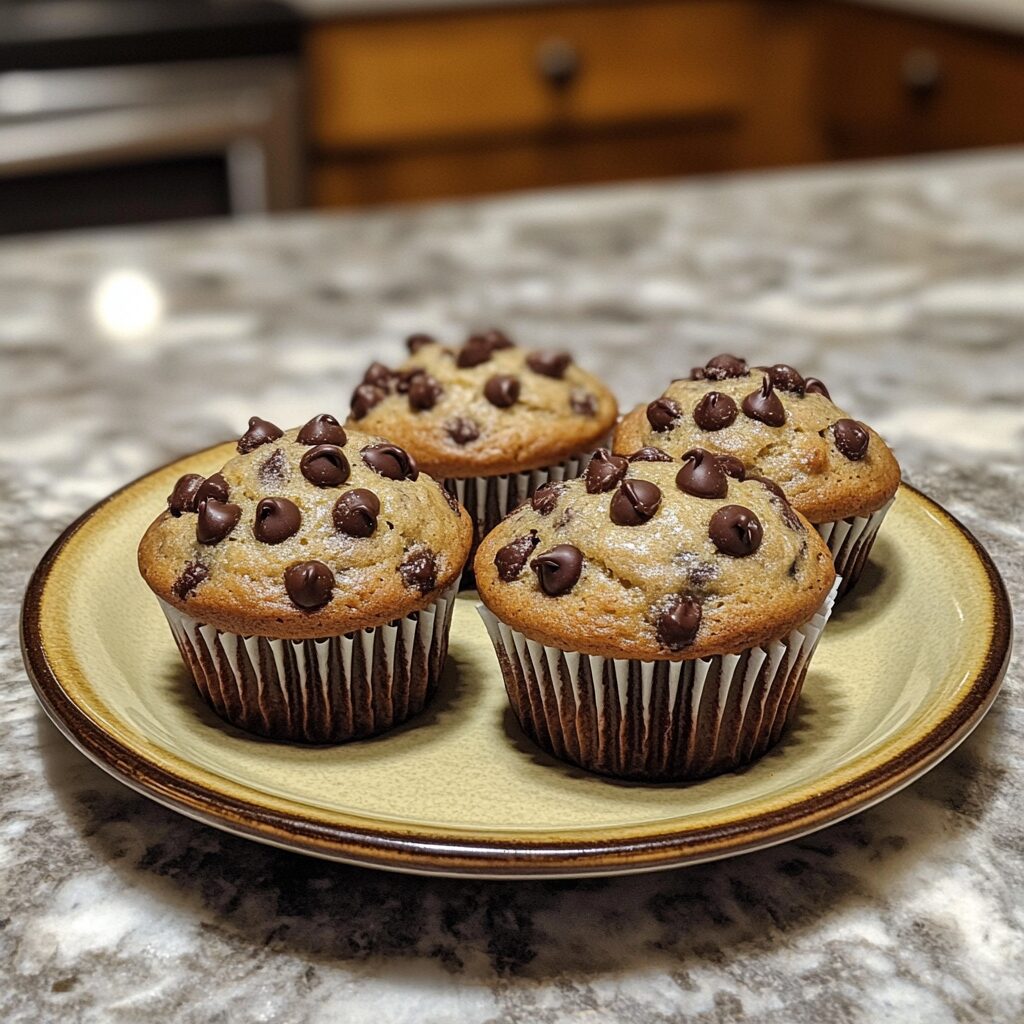Chocolate chip muffins served on a plate in natural light