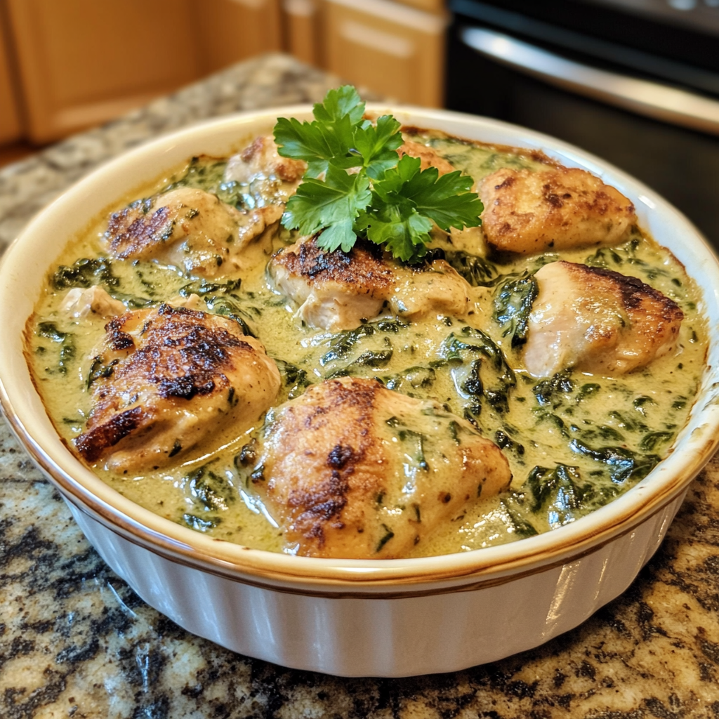 Homemade creamy keto chicken and spinach bake (easy low in a serving dish in a bright kitchen