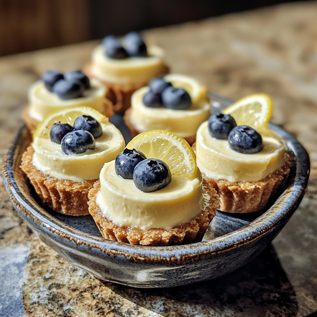 Homemade creamy mini lemon blueberry cheesecakes in a serving dish in a bright kitchen