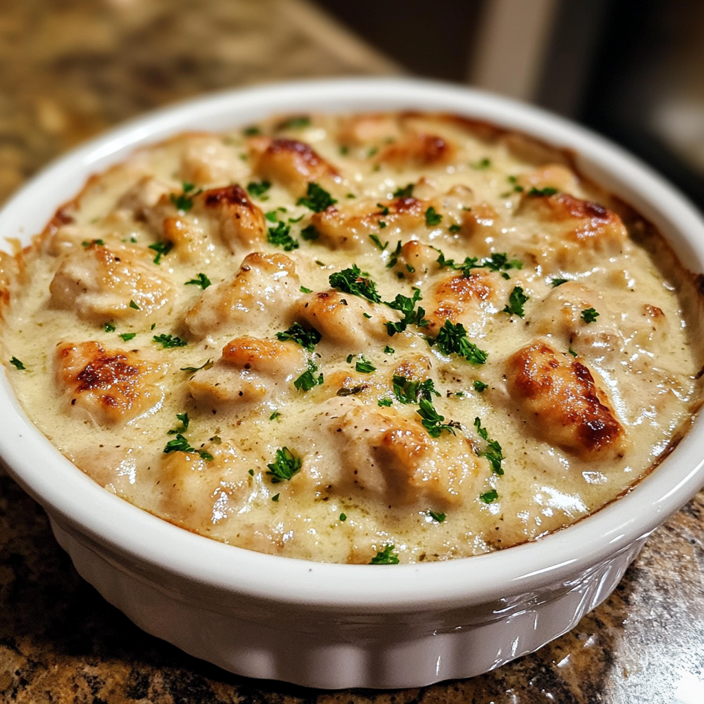 Homemade creamy neiman marcus chicken casserole in a serving dish in a bright kitchen