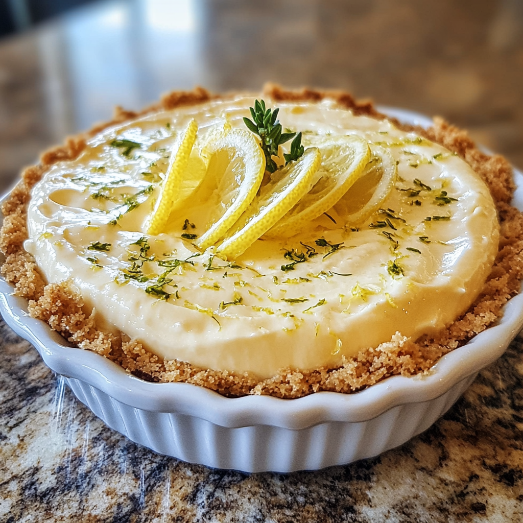Homemade creamy no bake lemon cheesecake in a serving dish in a bright kitchen