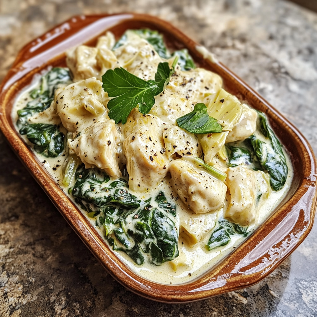 Homemade creamy spinach and artichoke chicken in a serving dish in a bright kitchen
