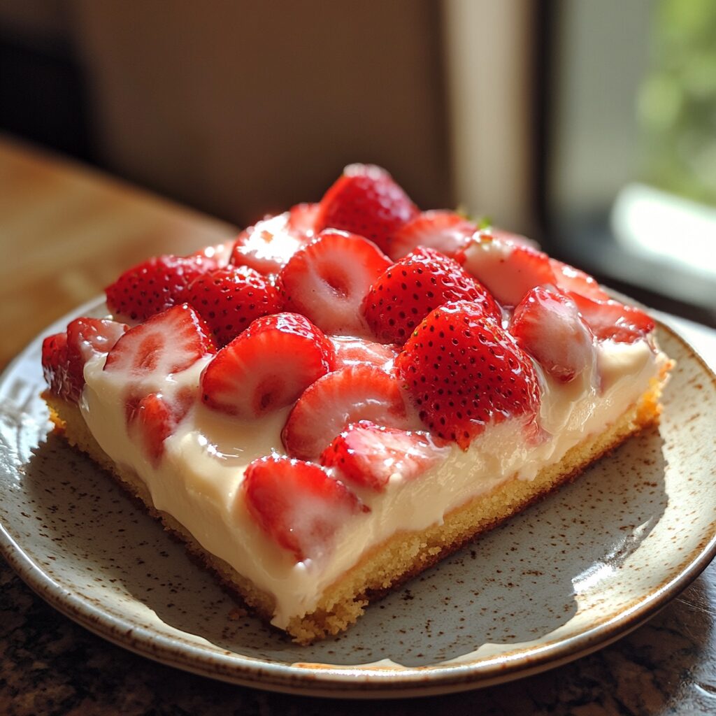 Creamy Strawberry Custard Cake That Makes Everyone Happy served on a plate in natural light