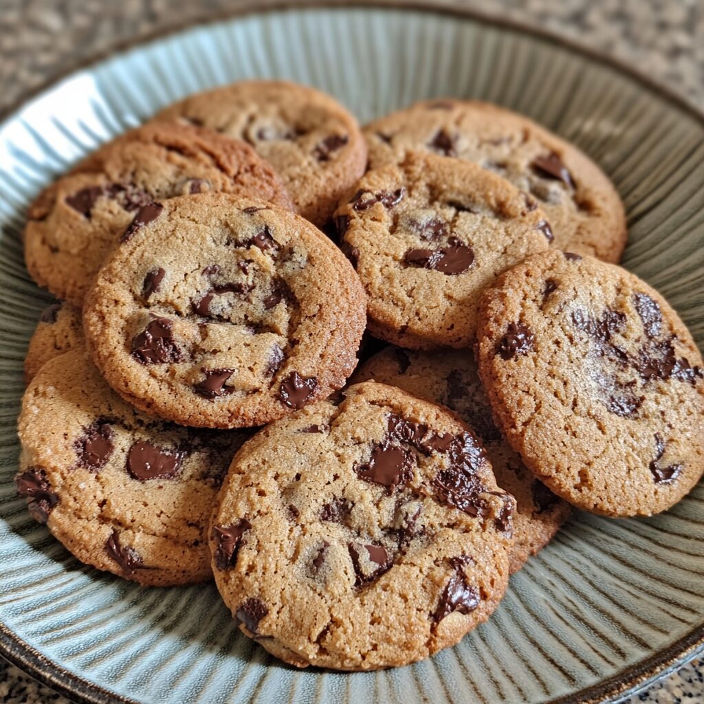 Crispy Chewy Chocolate Chip Cookies served on a plate in natural light