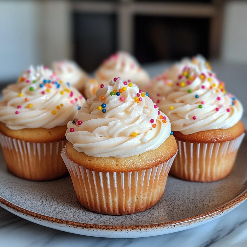 Delicious Classic Vanilla Birthday Cupcakes Homemade Cupcakes Recipe served on a plate in natural light