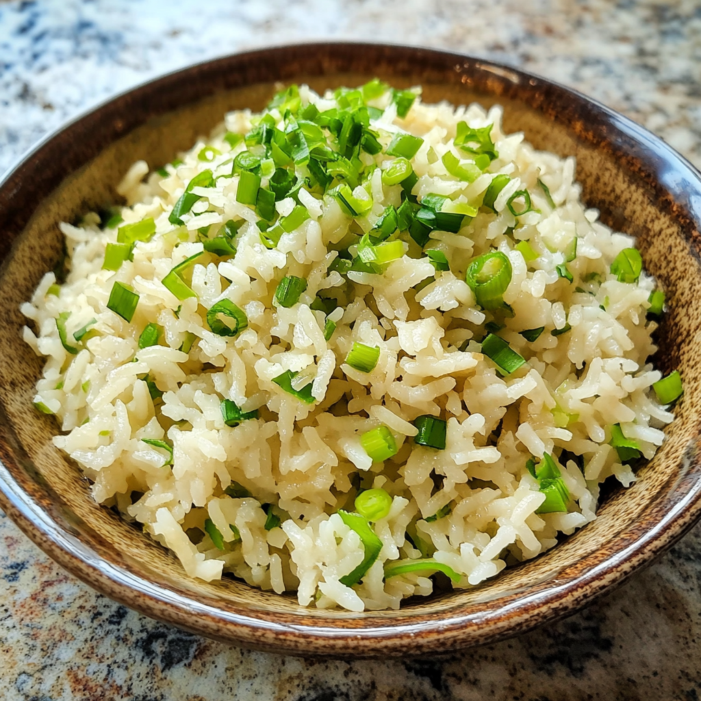 Homemade delicious scallion rice recipe in a serving dish in a bright kitchen