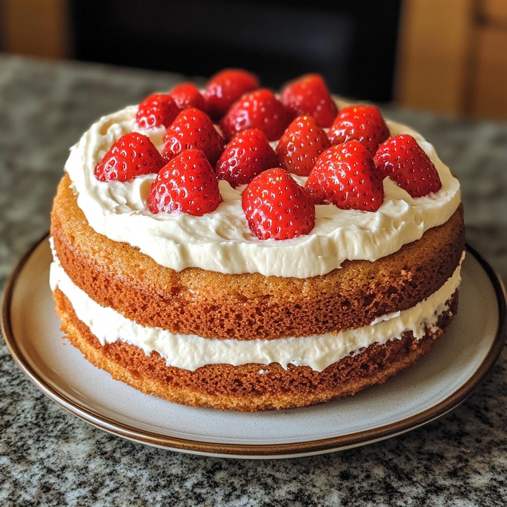 Delicious Strawberry Cake with Cream Cheese Frosting Recipe for Any Occasion served on a plate in natural light