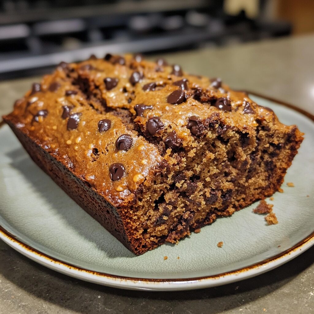 EASY CHOCOLATE CHIP BANANA BREAD served on a plate in natural light