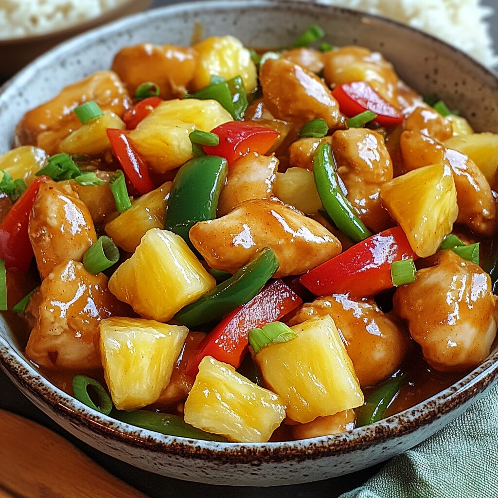 Easy 20 Minute Ginger Pineapple Chicken Stir Fry served with pineapple, bell peppers, and glossy ginger sauce