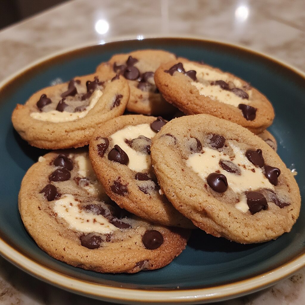 Easy Cheesecake Cookies Recipe with Chocolate Chips served on a plate in natural light