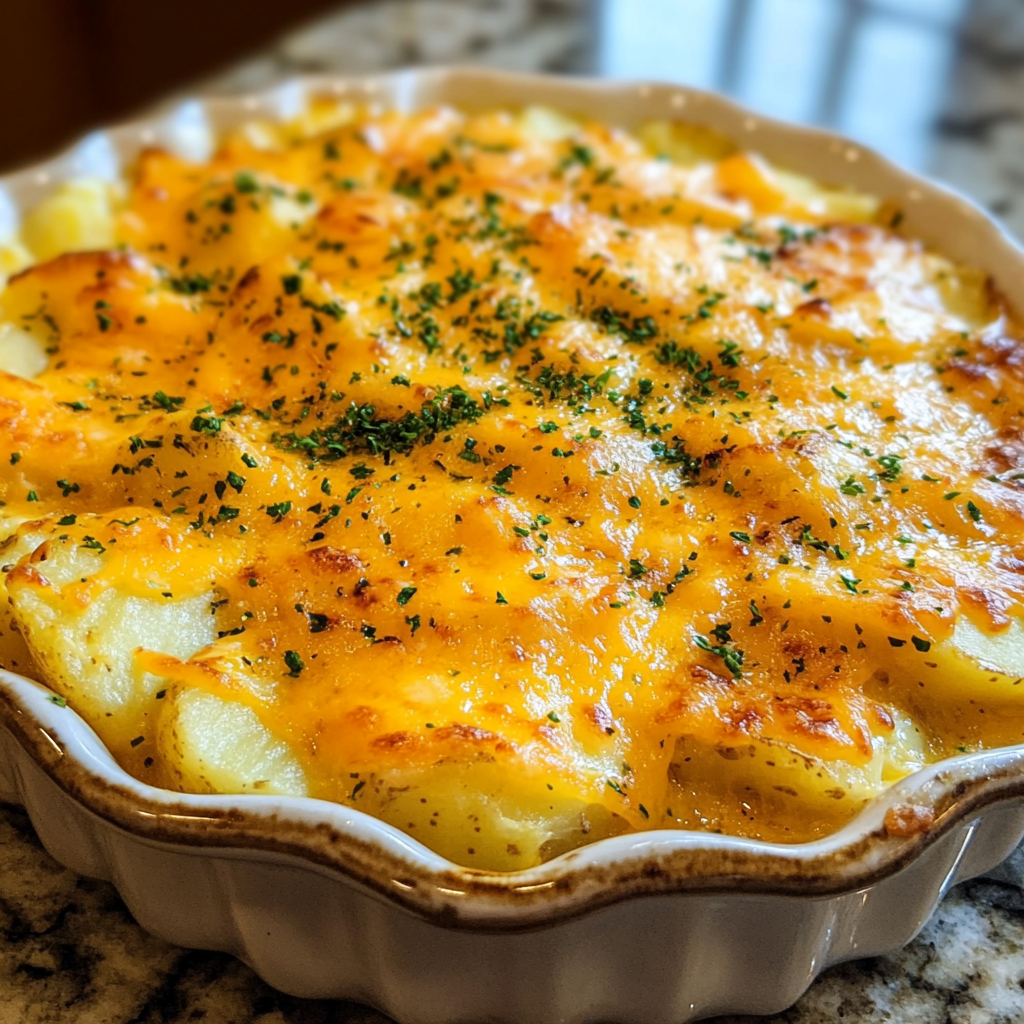 Homemade easy cheesy ranch potatoes in a serving dish in a bright kitchen