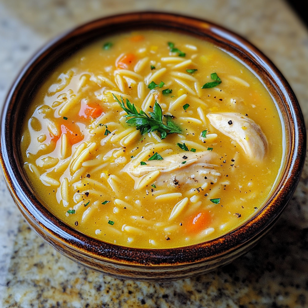 Homemade easy crockpot creamy lemon chicken orzo soup recipe in a serving dish in a bright kitchen