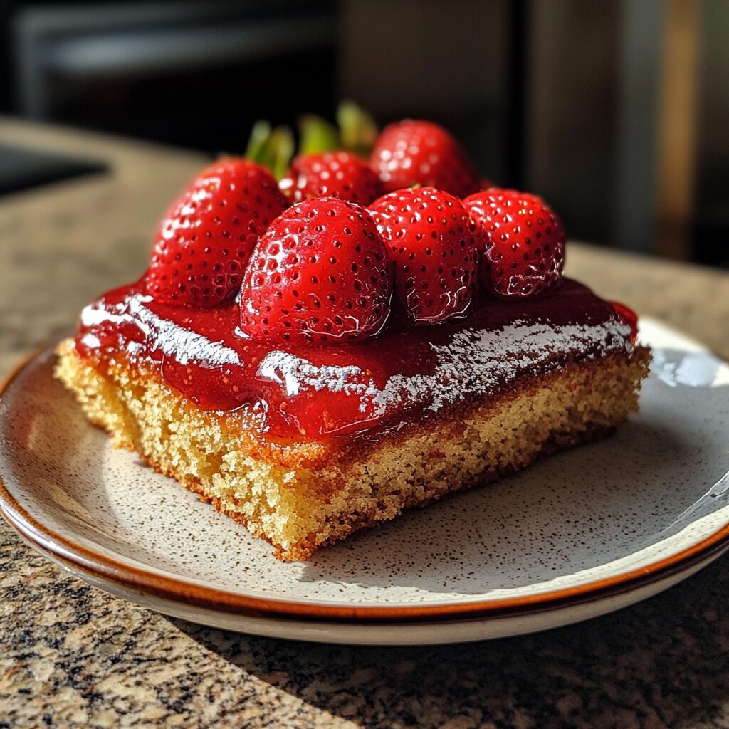 Easy French Strawberry Cake served on a plate in natural light