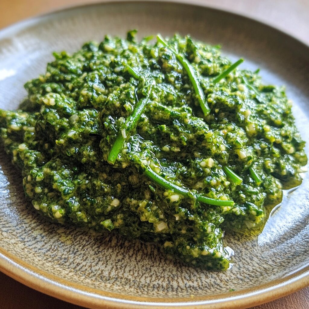 Easy Garlic Scape Pesto Recipe served on a plate in natural light