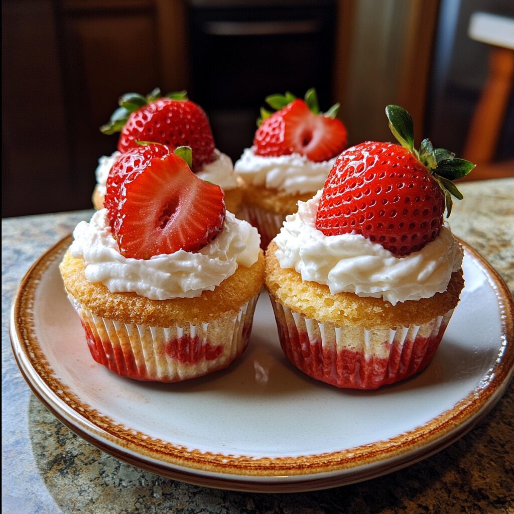 Easy Strawberry Cake Shortcake Cups Recipe served on a plate in natural light
