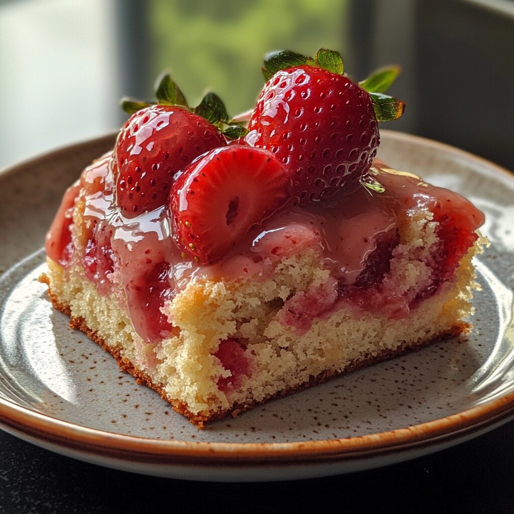 Easy Strawberry Pound Cake Recipe with Fresh Strawberry Glaze served on a plate in natural light