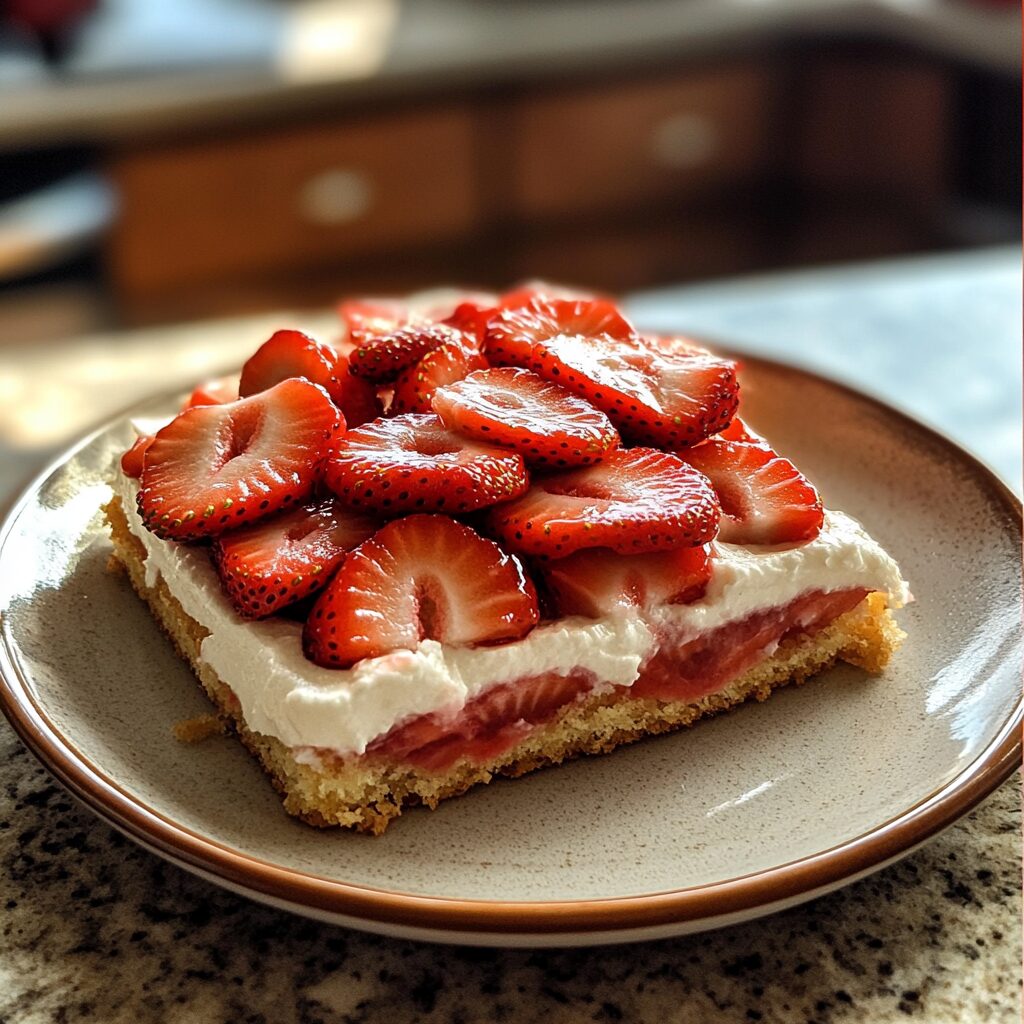 Easy Strawberry Sheet Shortcake served on a plate in natural light
