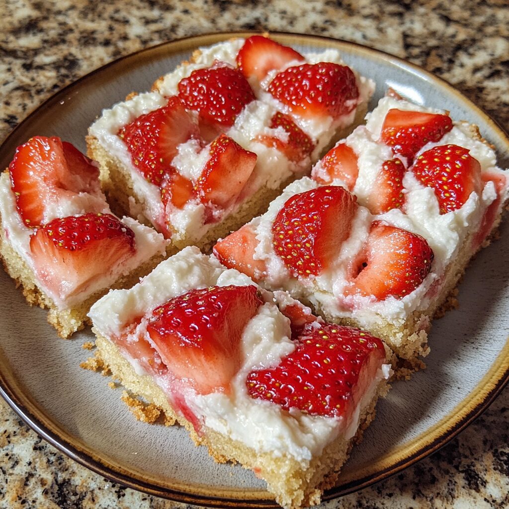 Easy Strawberry Shortcake Bars to Try This Summer served on a plate in natural light