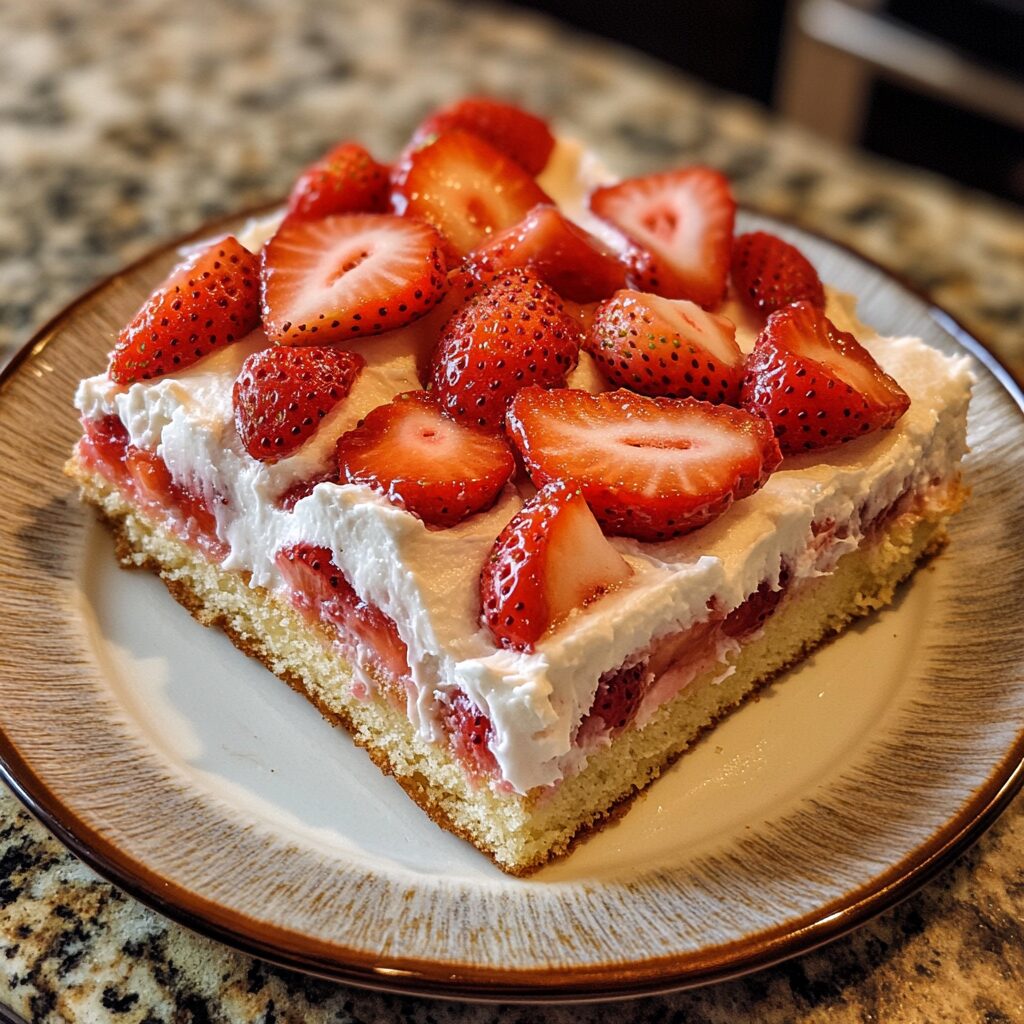 Easy Strawberry Shortcake Sheet Cake for a Crowd served on a plate in natural light