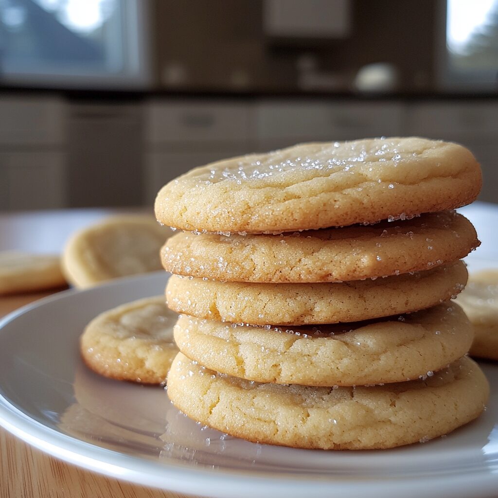 Homemade easy sugar cookies stacked on a plate with crackly tops and golden edges