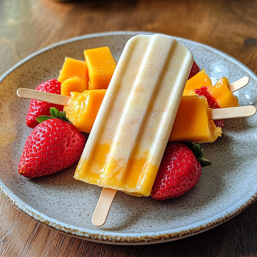 Easy Three Ingredient Strawberry Mango Popsicles served on a plate in natural light
