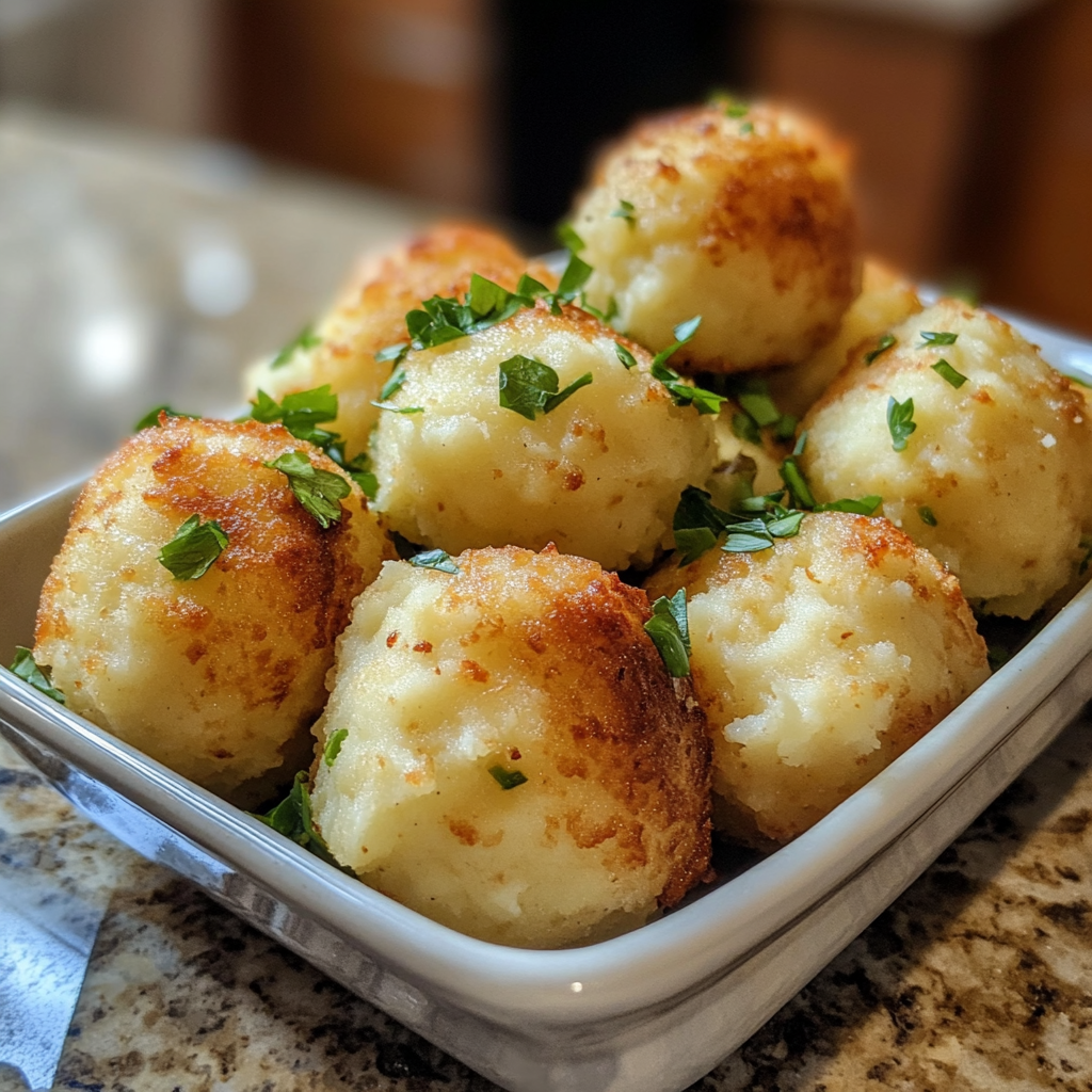 Homemade easy and crunchy mashed potato balls for every party in a serving dish in a bright kitchen
