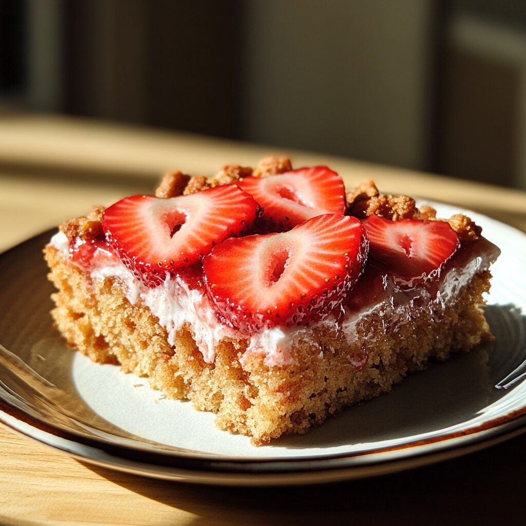 Feeling Foodish Strawberry Crunch Cake served on a plate in natural light