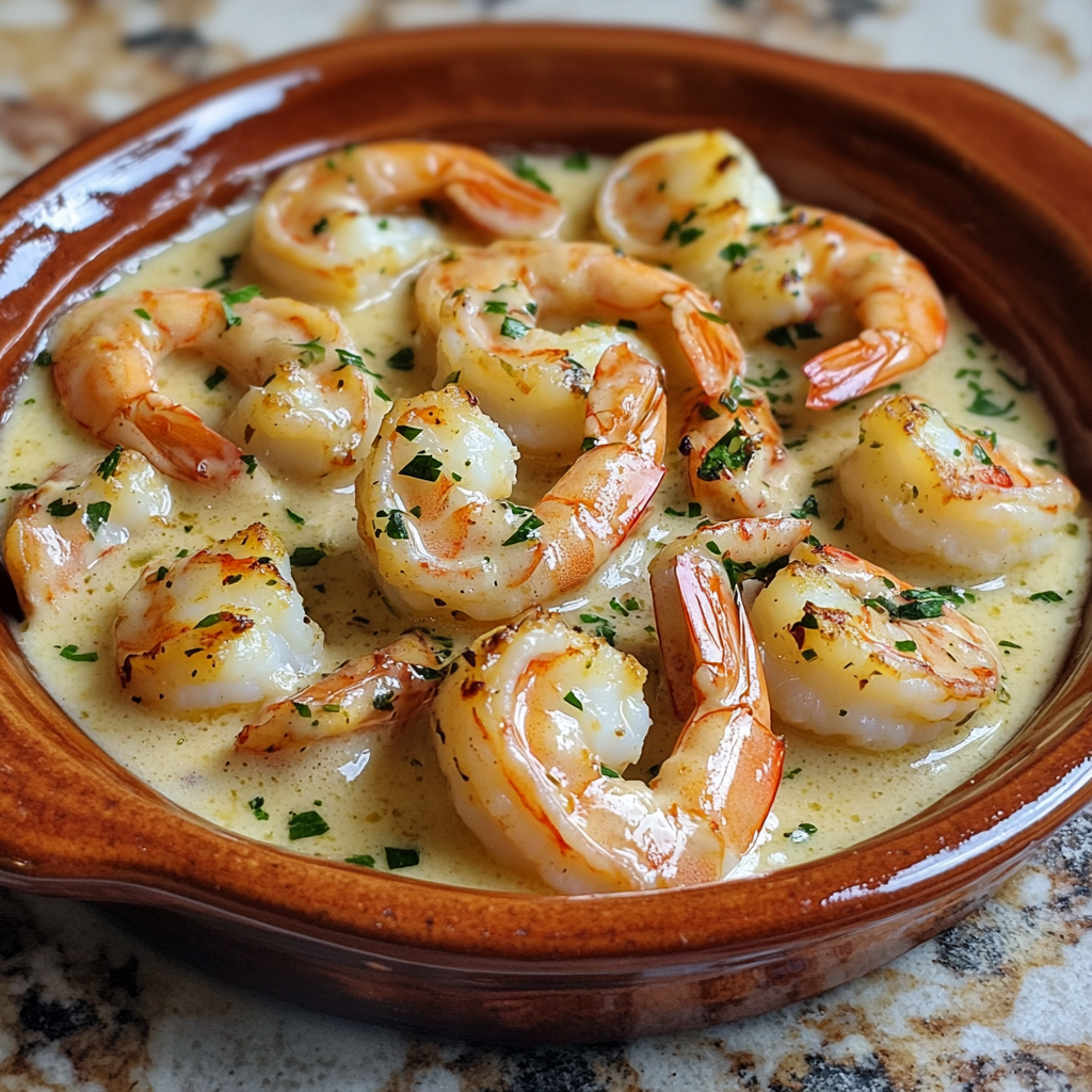 Homemade flavorful marry me shrimp recipe easy creamy garlic butter sauce in a serving dish in a bright kitchen