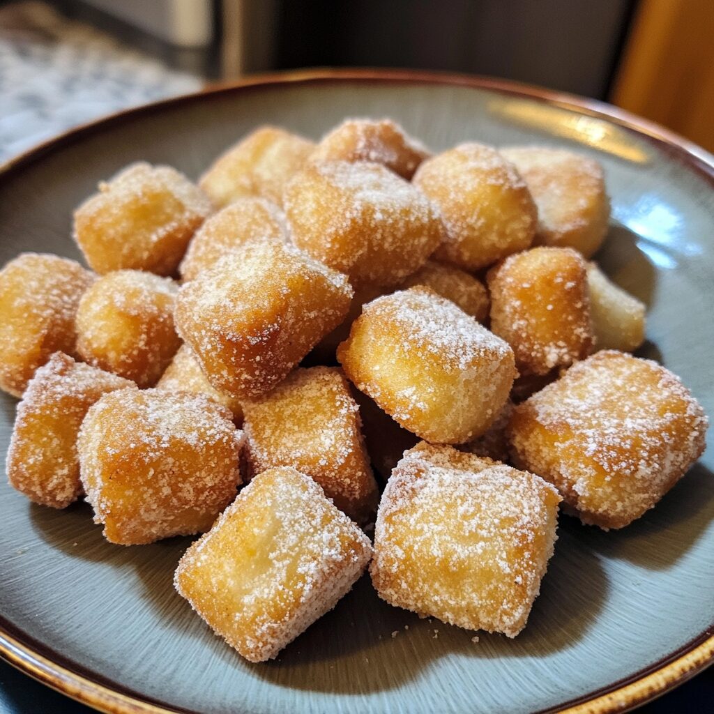 Fluffy Air Fryer Churro Bites Recipe served on a plate in natural light
