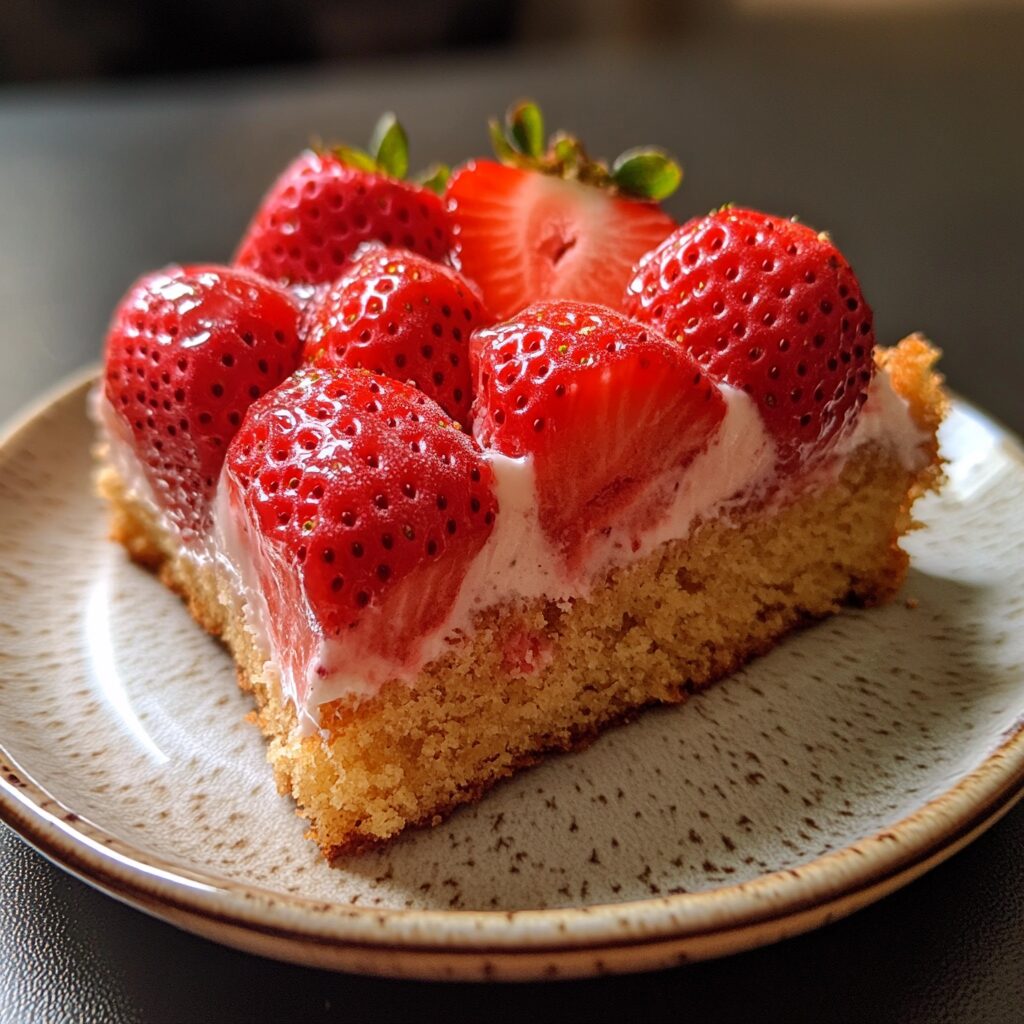 French Strawberry Cake served on a plate in natural light