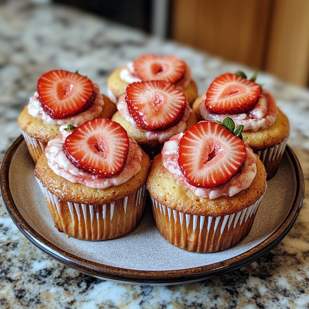 Fresh Strawberry Cupcakes Cupcake Recipe Loaded With Strawberries served on a plate in natural light