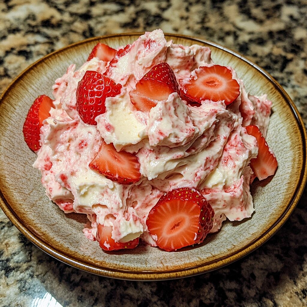 Fresh strawberry cream cheese frosting recipe served on a plate in natural light