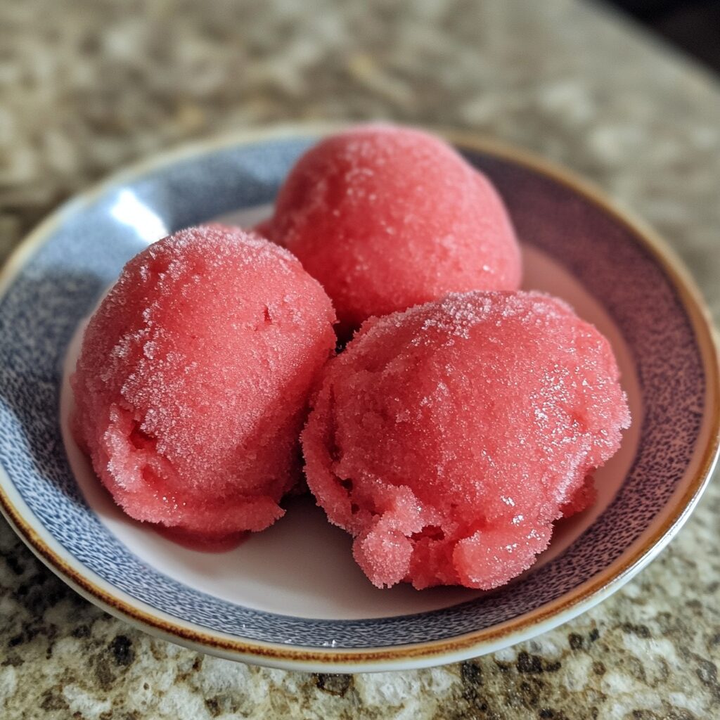 Frozen 2-Ingredient Watermelon Sorbet served on a plate in natural light