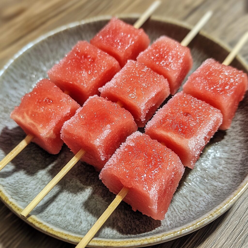Frozen Watermelon Kabobs served on a plate in natural light