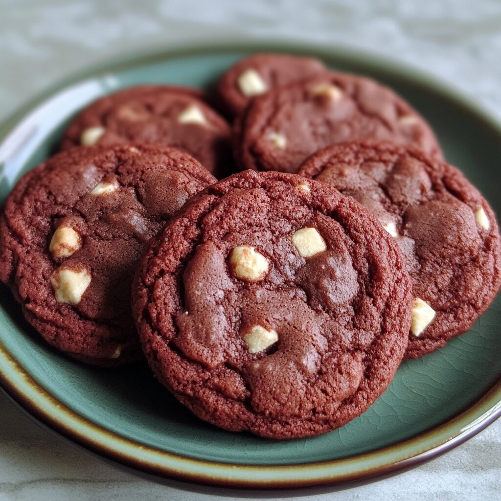 Fudgy Red Velvet Cookies served on a plate in natural light