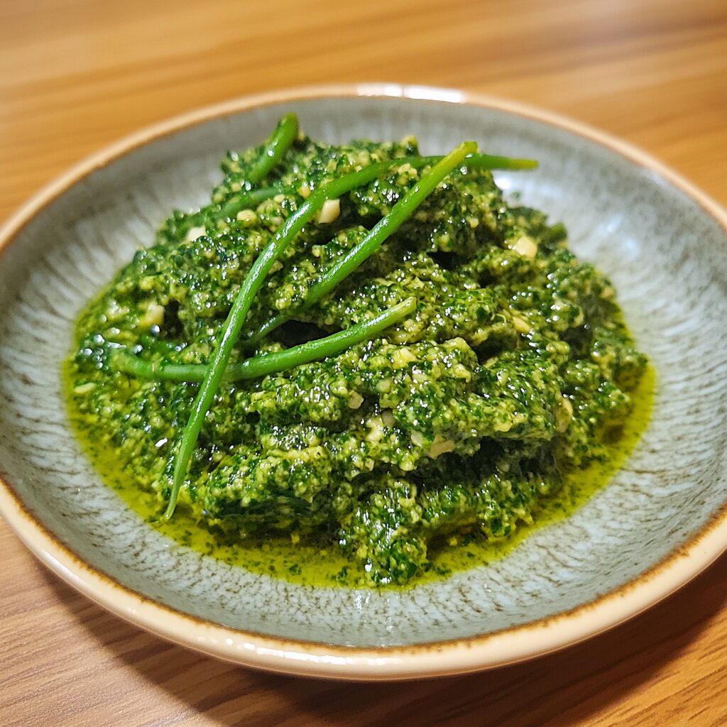 Garlic Scape Pesto (For Garlic Lovers!) served on a plate in natural light