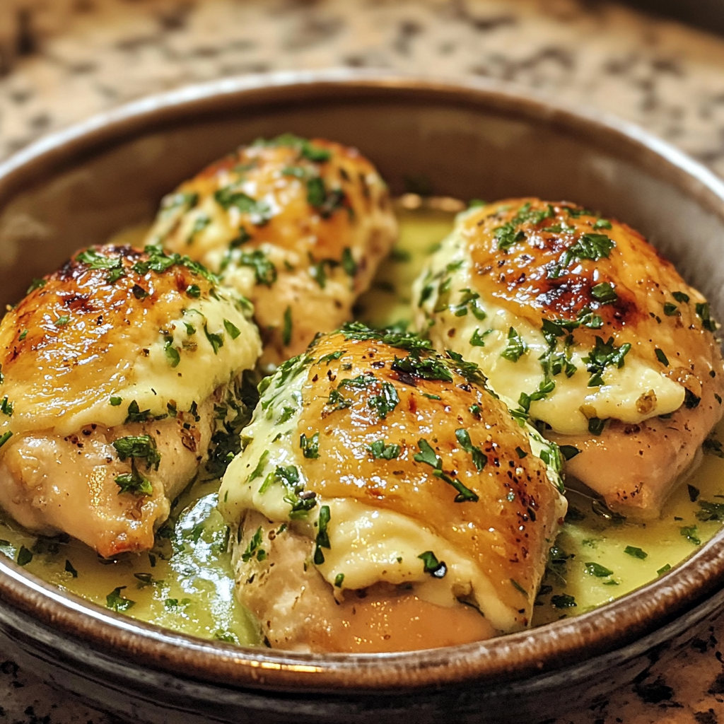 Homemade goat cheese stuffed chicken with herbs for a flavorful dinner in a serving dish in a bright kitchen