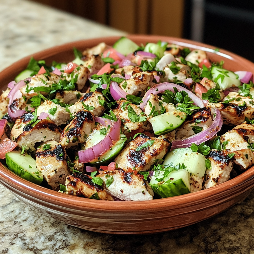 Homemade greek chicken bowls in a serving dish in a bright kitchen