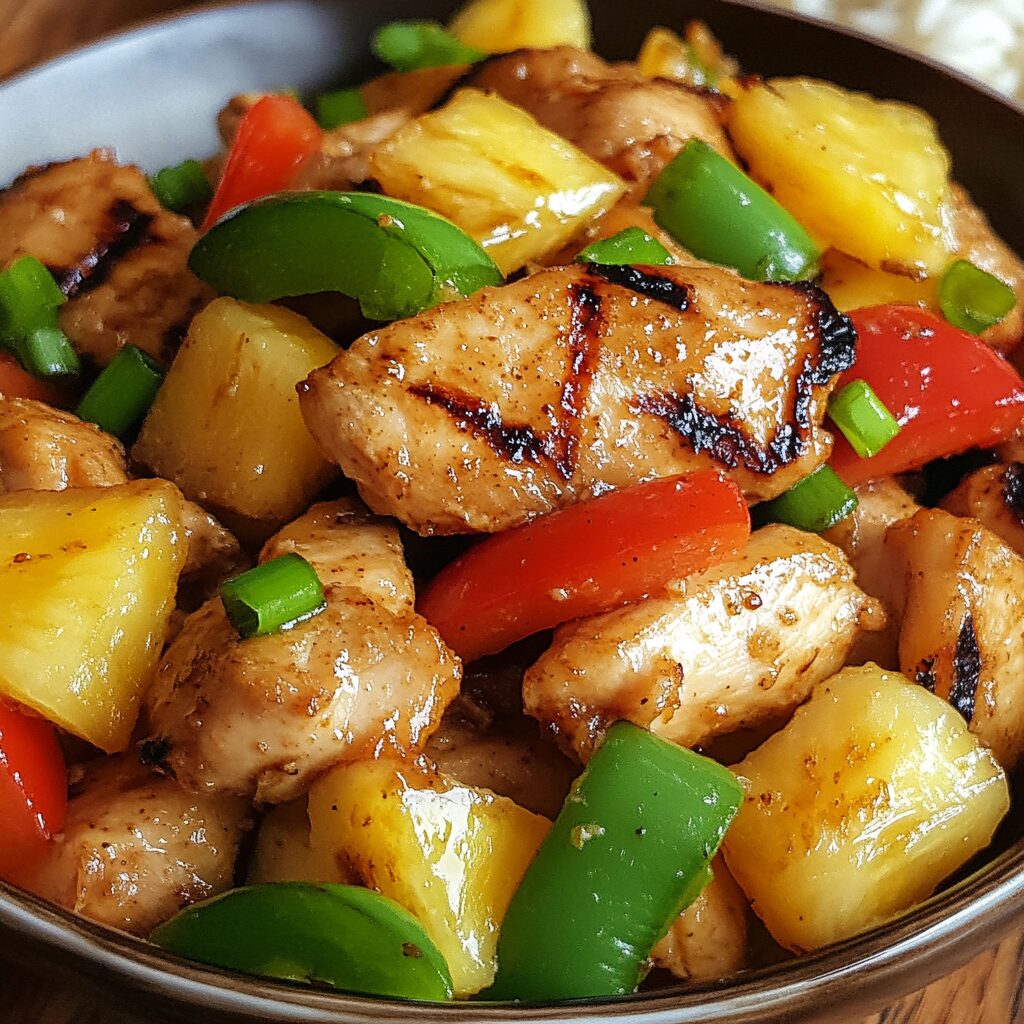 Grilled 20 Minute Ginger Pineapple Chicken Stir Fry served with pineapple, bell peppers, and glossy ginger sauce