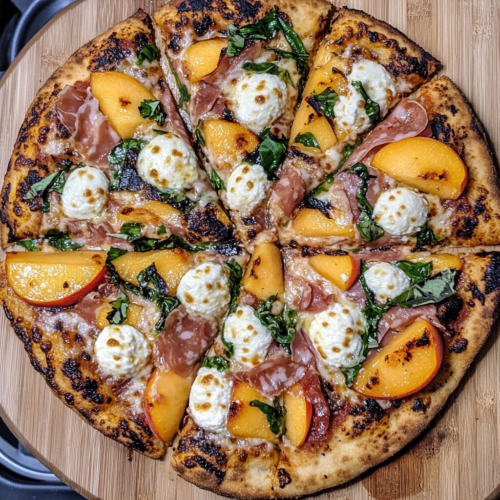 Grilled 3 Cheese Prosciutto Peach Pizza topped with peaches, ricotta, mozzarella, Parmesan, and halal turkey prosciutto-style slices