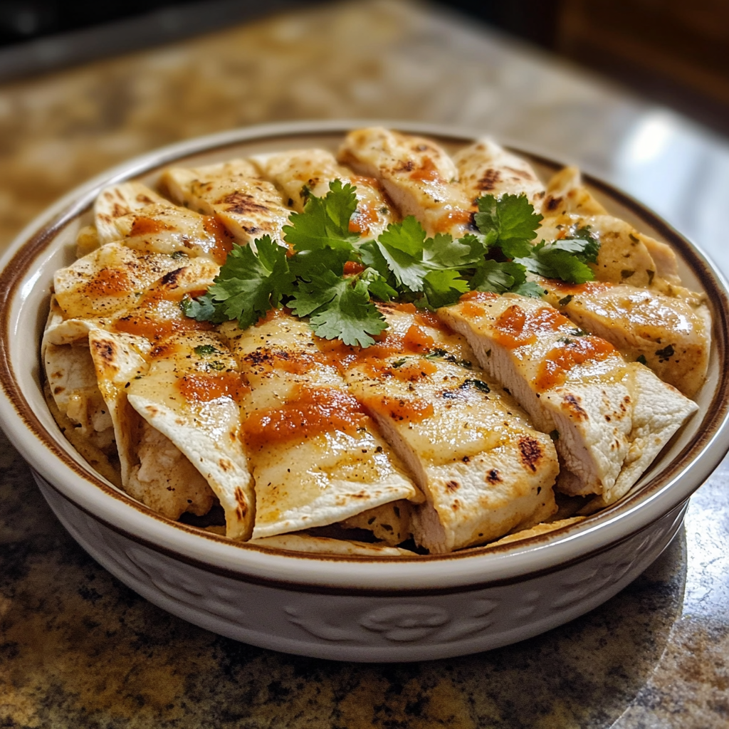Homemade halal chicken smoky ranch tortilla hack in a serving dish in a bright kitchen