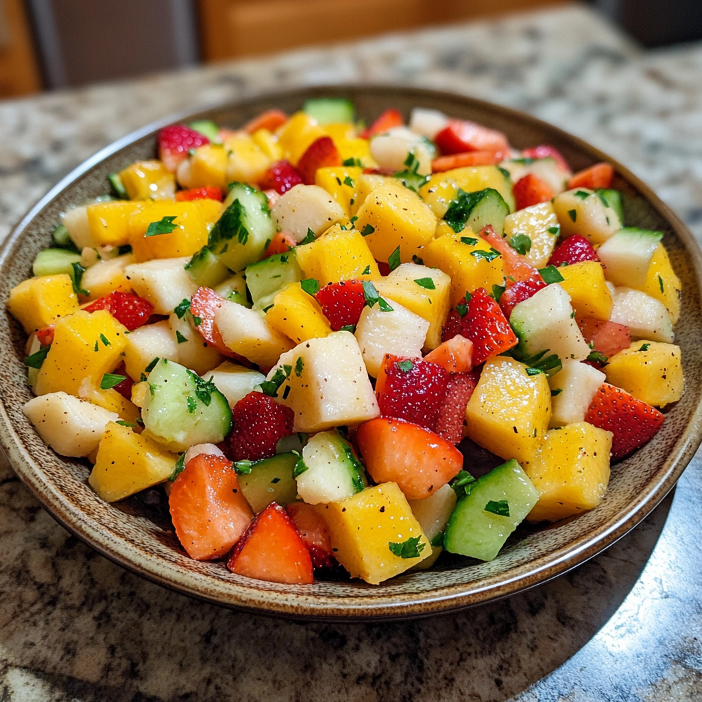 Homemade healthy easter spring salad with fruit in a serving dish in a bright kitchen