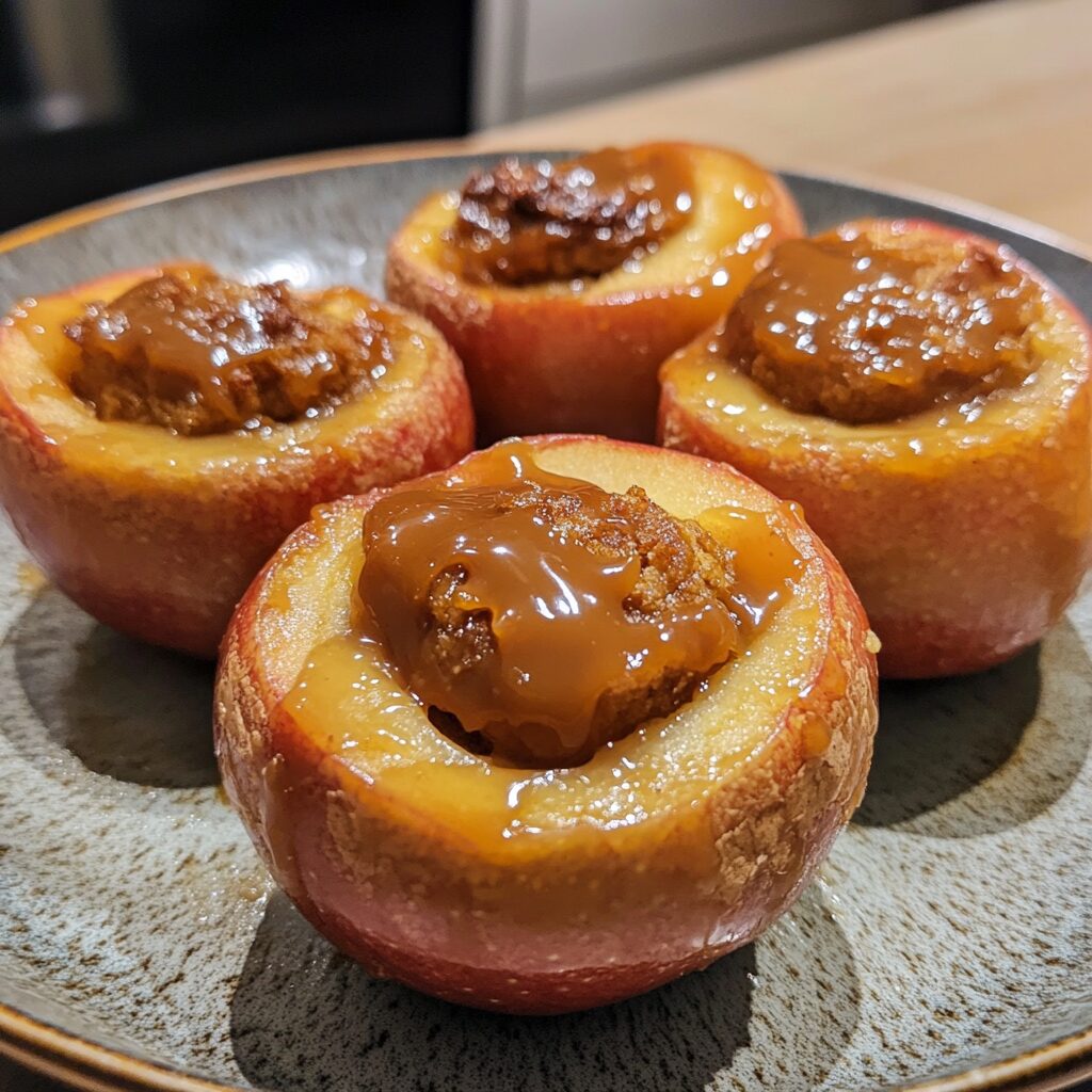 Here's how to make tasty caramel-stuffed apples this Fall served on a plate in natural light