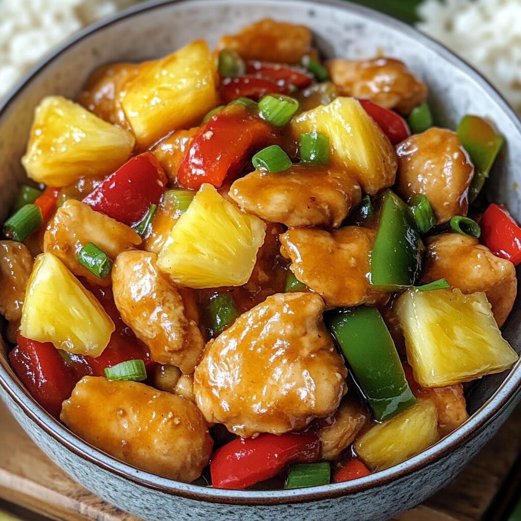 High-Protein 20 Minute Ginger Pineapple Chicken Stir Fry served with pineapple, bell peppers, and glossy ginger sauce